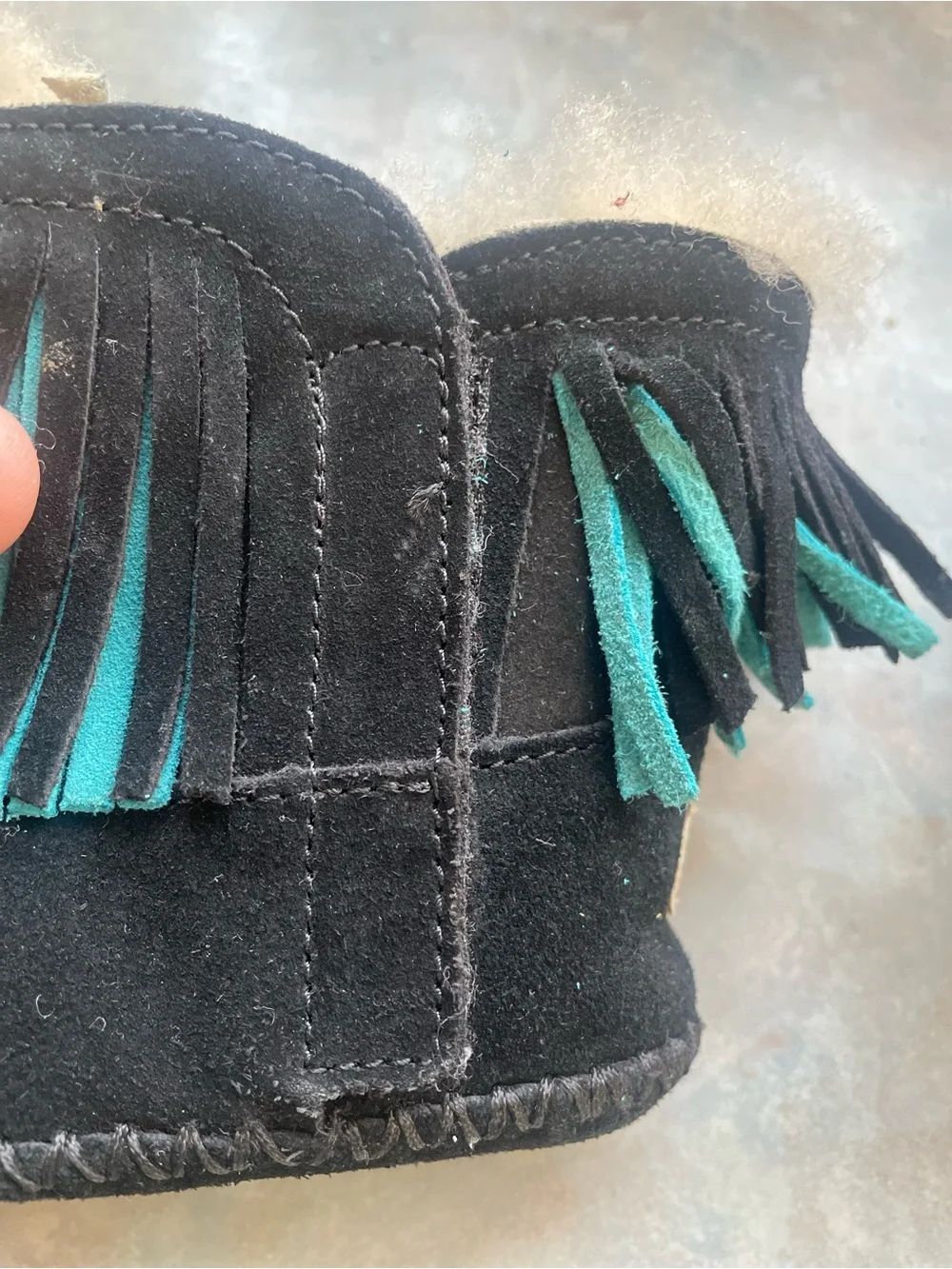 UGG Black Suede Kids Fringe Boots with Teal Accents